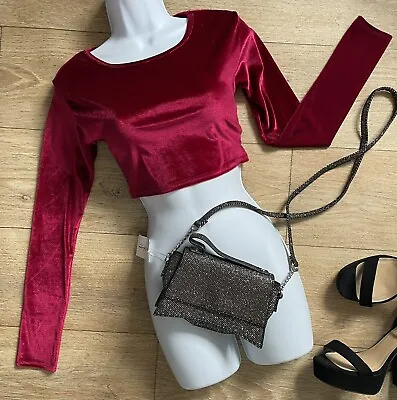 Sassy Soft Stretchy Wine Red Velvet Long Sleeve Crop Top Sz 8 PRETTYLITTLETHING • £5.95