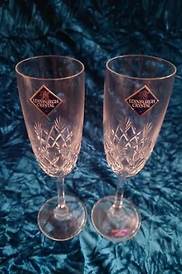A Pair Of Edinburgh Crystal ‘Kelso’ Pattern Champagne Flutes. Original Sticker. • £19.99