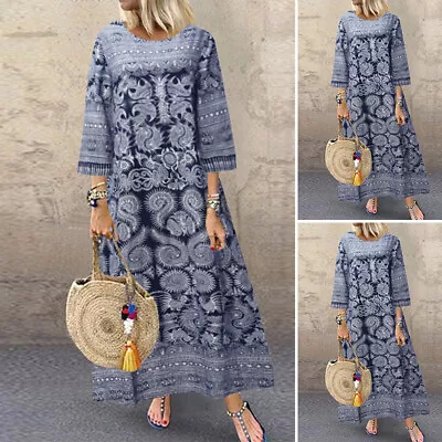 UK Women 3/4 Sleeve Floral Printed Long Maxi Dress Casual Loose Kaftan Dresses • £9.49