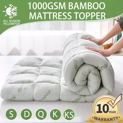 $70.99 • Buy 1000GSM Bamboo Pillowtop Mattress Topper Bed Matress Protector King Queen Double