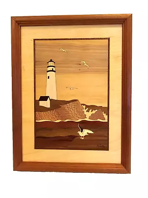 Boston Lighthouse Wood Marquetry Hudson River Inlay NELSON 13x10 Art • $35.99