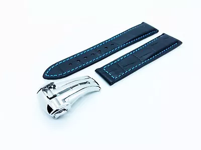 BLACK/BLUE Genuine Leather Strap Band Fit Omega Seamaster Planet Ocean 19-22mm • $31.73