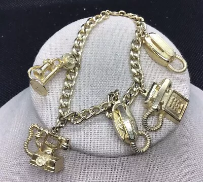 Vintage Gold Tone Costume Chunky Vintage Phones Charms Bracelet 7  C521 • $9.99
