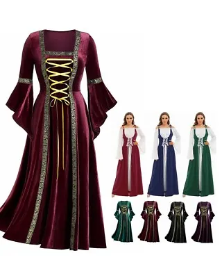 Women Medieval Renaissance Dress Square Neck Long Sleeve Irish Retro GownCostume • $61.03