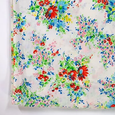 Vintage Full Fitted Bed Sheet Bright Floral Flowers On White Cutter Fabric 1970s • $16.98