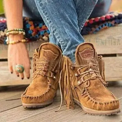 Womens Moccasin Boots Flat Suede Fringed Ankle Booties Winter Warm Shoes Short • $20.55