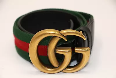 Gucci Web Green/Red Canvas Leather Gold Double G Buckle Belt Size 80/32 - Black • $324.99