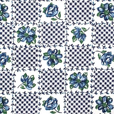 Vintage Cotton Quilting Fabric Blue White Gingham Floral Flowers BTHY Half Yard • $5.98