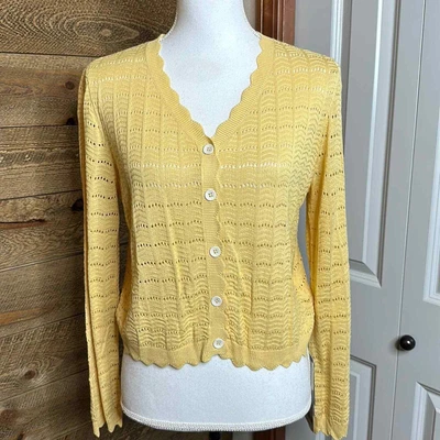 $15 • Buy Chiu Shui Eyelet Cardigan Sweater Yellow V-Neck Long Sleeve Size Small