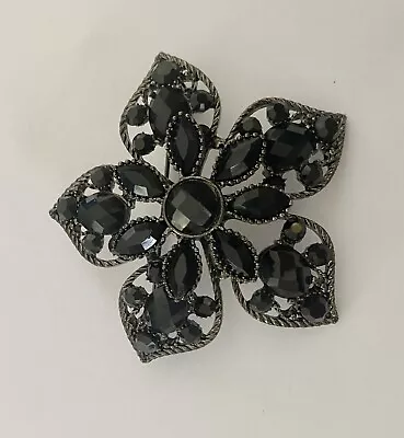 ~ Vintage Black  Rhinestone Brooch ~ Flower  2 1/2” • $12