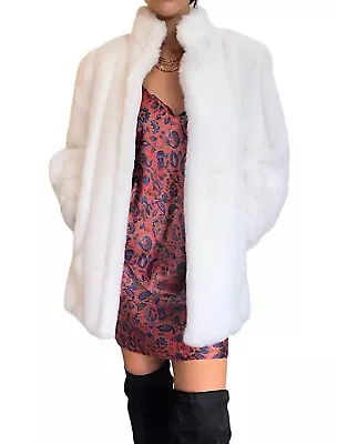 Vintage Tissavel France Faux Fur Coat Tan Beige Ivory Oversized Acrylic Jacket • $89.99