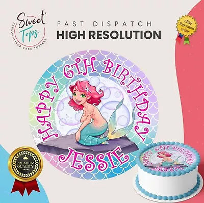 Mermaid Edible Round Birthday Cake Topper Decoration Personalised • £10.99