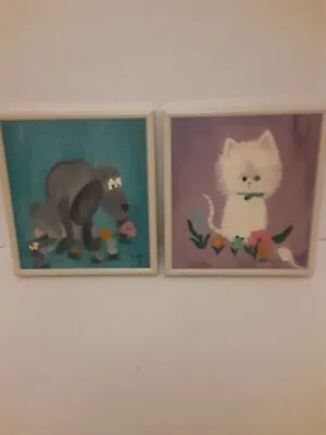 Vintage  Cat/Dog Wall Art Paintings 1967 Framed 8.5 X 7.5 • $49.99