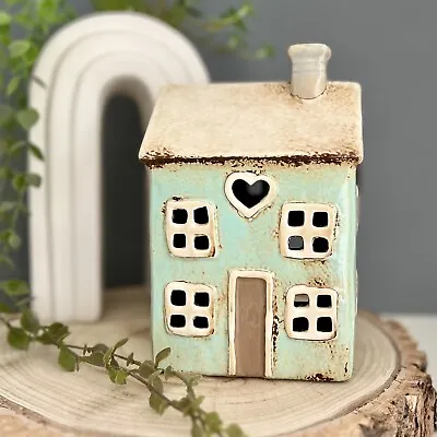 £19.95 • Buy Vintage Village Pottery Ceramic Blue Heart Tea Light House Candle Lantern Gift