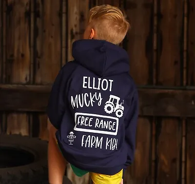 Personalised Kids Tractor 'Mucky Free Range Farm Kid' Jumper Hoodie Farm Farming • £25.99