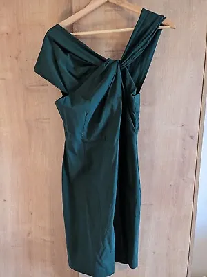 Mariko Forest Green Bodycon/pencil Dress Sz 12 Stretchy Asymmetrical Mad Men • £5