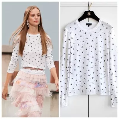 Chanel Spring/Summer 2020 White CC Logo Sequin Embroidered 20S Long Sleeve Top • £1662.38