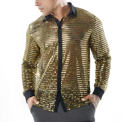 Mens Casual Glitter Sequins Disco Dance Shirt Long Sleeve Shirts Clubwear Tops • $23.92