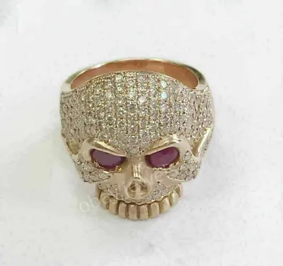 Round Lab Created Diamond & Ruby Men's Skull Ring 14K Yellow Gold Plated • $189.10