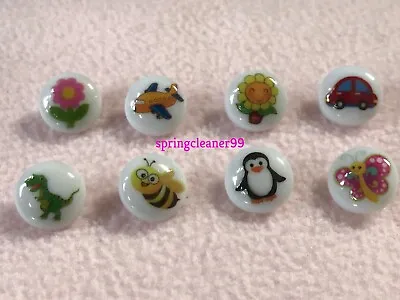 5 WHITE With MOTIF BUTTONS ~ Size 24L (15mm) DINOSAUR ~ BEE ~ FLOWER ~ PENGUIN + • £1.99