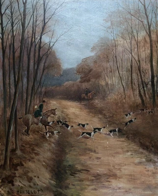 Old Painting Signed Mantelet Hunting With Hounds Oil On Cardboard Early... • £136.61
