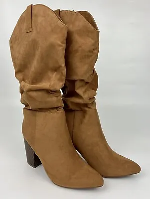 NEW SO TIBIA Western Slouch Design Boots Size 8 Cognac Block Heel Women’s • $29.90