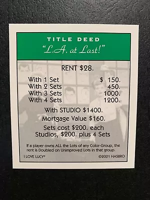 Monopoly I LOVE LUCY L.A. At Last TITLE DEED CARD Game Replacement Piece • $1.59