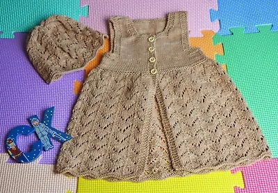 £19.90 • Buy Hand Knitted Baby Beach Dress Hat 100% Organic Cotton Beige 3-6 Months