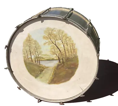 C. 1930s Painted Drum 29” Marching Band Vintage Landscape Painting • $530