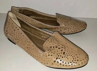 ME TOO Khaki Tan Natural Perforated Patent Look Loafers Flats 10 • $19.99