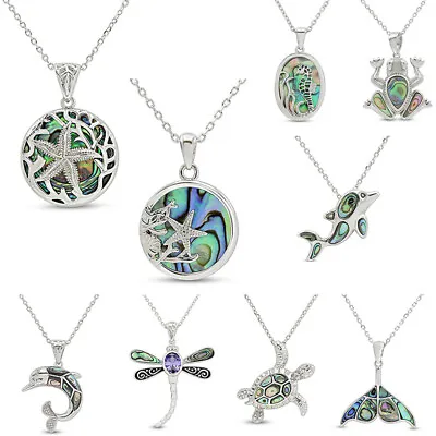 Abalone Shell Stone Animals Pendant 18  Necklace 14K White Gold Plated Silver • $34.75
