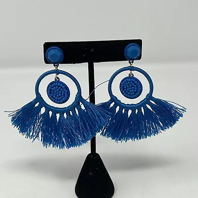 J Crew Fringe Fan Blue Beaded Tassel Earrings Dangle/Drop 3  • $16.99