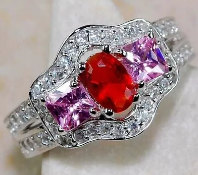 3CT Fire Garnet & Pink Sapphire 925 Solid Sterling Silver Ring Sz 7 N3-8 • $10.99