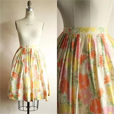 Vintage 1960s Skirt  Silk Full Circle Pastel Floral Pleated • $29