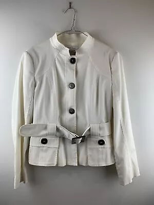 Zara White Jacket Belted Circa 2007 Button Up Collarless Size XL • $24