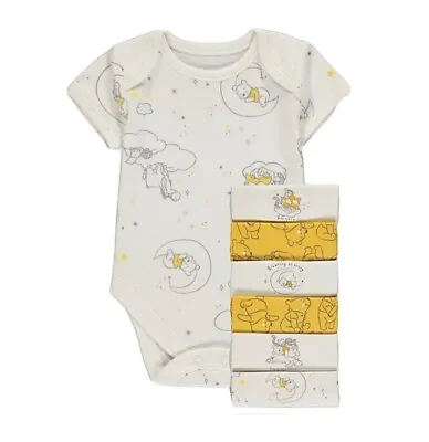 💛 Bnwt Disney Winnie The Pooh Pk 7 Short Sleeve Bodysuits Age 9-12 Mths Mustard • £13.99