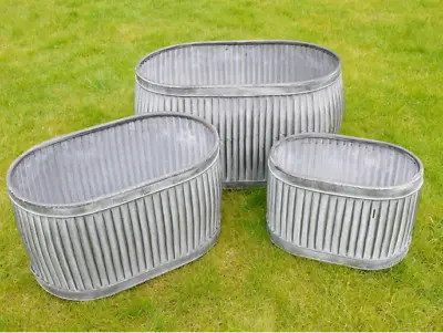 £55.95 • Buy Large Oval Vintage Galvanised Metal Barrel Planters Tub Plant Flower Pot Garden