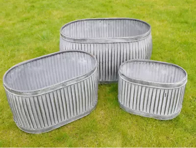 Large Oval Vintage Galvanised Metal Barrel Planters Tub Plant Flower Pot Garden • £109.99