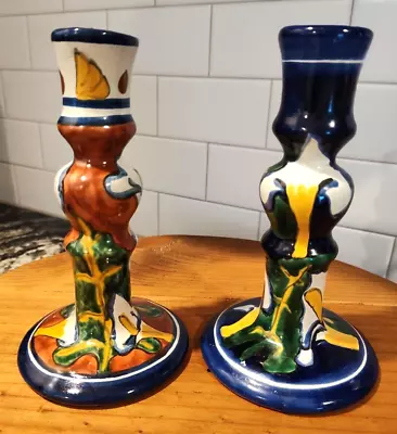 Vintage Unique Mexican Folk Art Talavera Hand-Painted 7.5  Candlestick Holders • $24.95