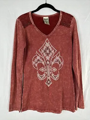 Vocal Women Fleur-de-lis Shirt Rhinestones Studs Size XL Red Long Sleeve Graphic • $37.99