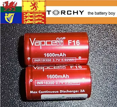 2x 3A Vapcell F16 INR 18350  1600mAh Batteries FREE P&P • £10.99