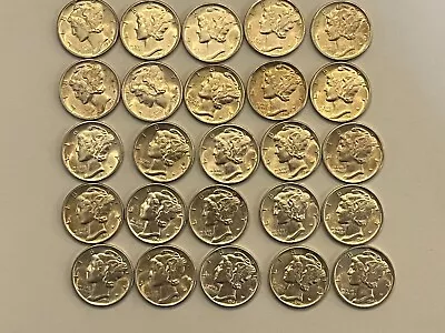 1942 - 1945 1/2 Roll Mercury Dimes. 25 Coins. • $76