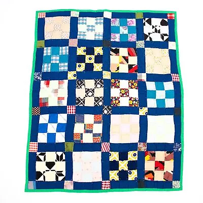 Vintage Baby Quilt Handmade Old Patchwork Nine Patch Hand Quilted Cottons Crib • $34.96