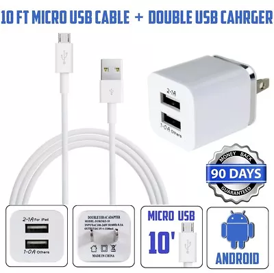 10ft Micro USB XTRA-LONG Power Cord Cable For Android + Double USB Wall Charger • $10.99