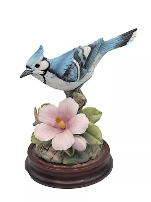 Andrea By Sadek Blue Jay Figurine Statue Songbird 3D Flower Wood Base Nature 6  • $20