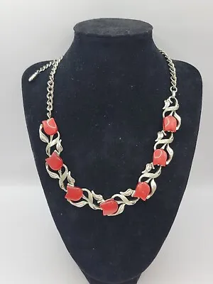 Vintage Silver Tone Chain Red Tulip Thermoset Necklace • $25
