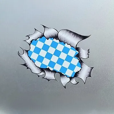 Blue & White Chequered Flag Ripped Open Metal Vinyl Sticker For Car 115x90mm • £2.59