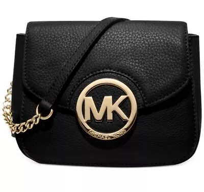 Michael Kors Black Pebble Leather Fulton East West Gold Chain Crossbody Purse • $29.95