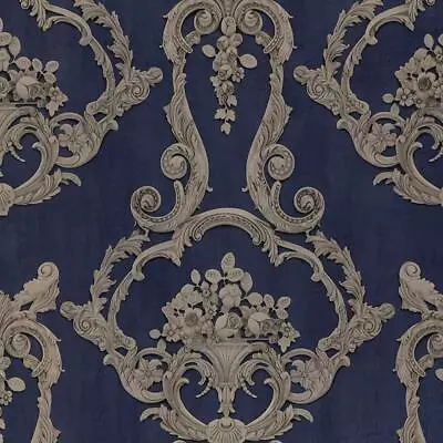 Grosvenor Damask Wallpaper Debona Vintage Classic Blue Beige Grey Traditional • £11.99