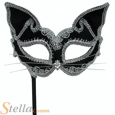 £9.99 • Buy Black & Silver Cat Masquerade Ball Mask On Stick Ladies Fancy Dress Costume